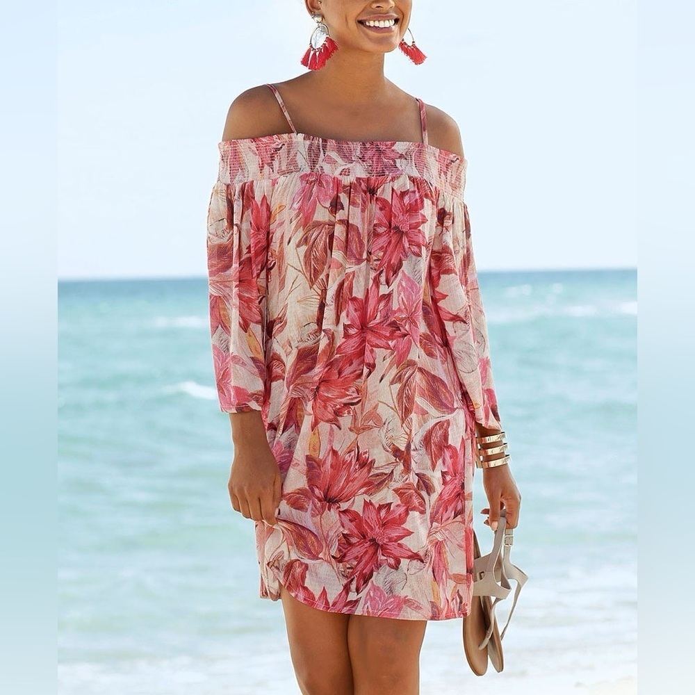 Lascana Off The Shoulder Mini Dress in Tropical Red Print NWT